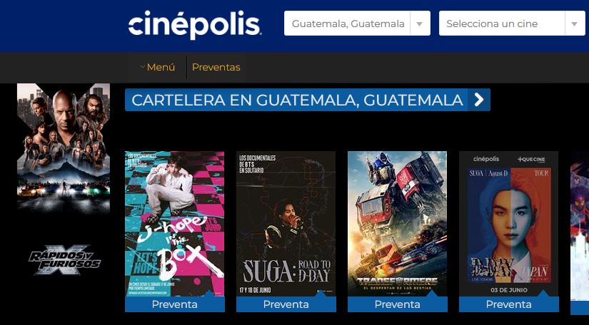 Cartelera de Cinepolis tarifas Guatemala